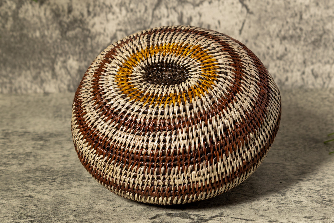 Brown And Gray Rings Woven Basket With Top
