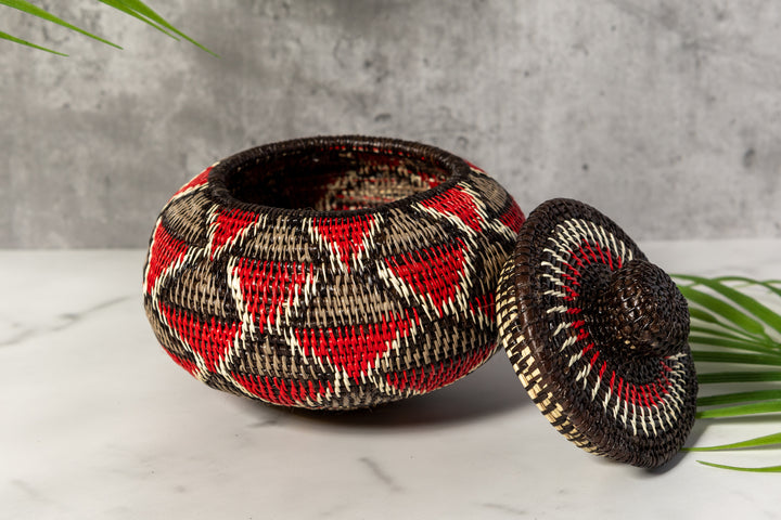 Red And Gray Woven Basket With Top