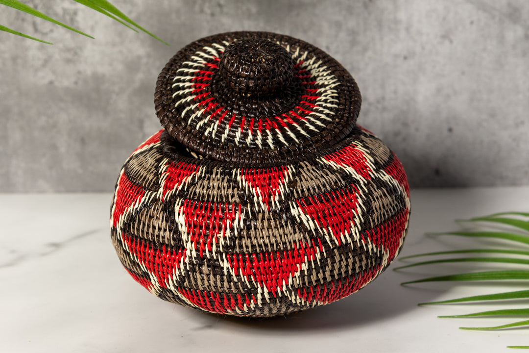 Red And Gray Woven Basket With Top