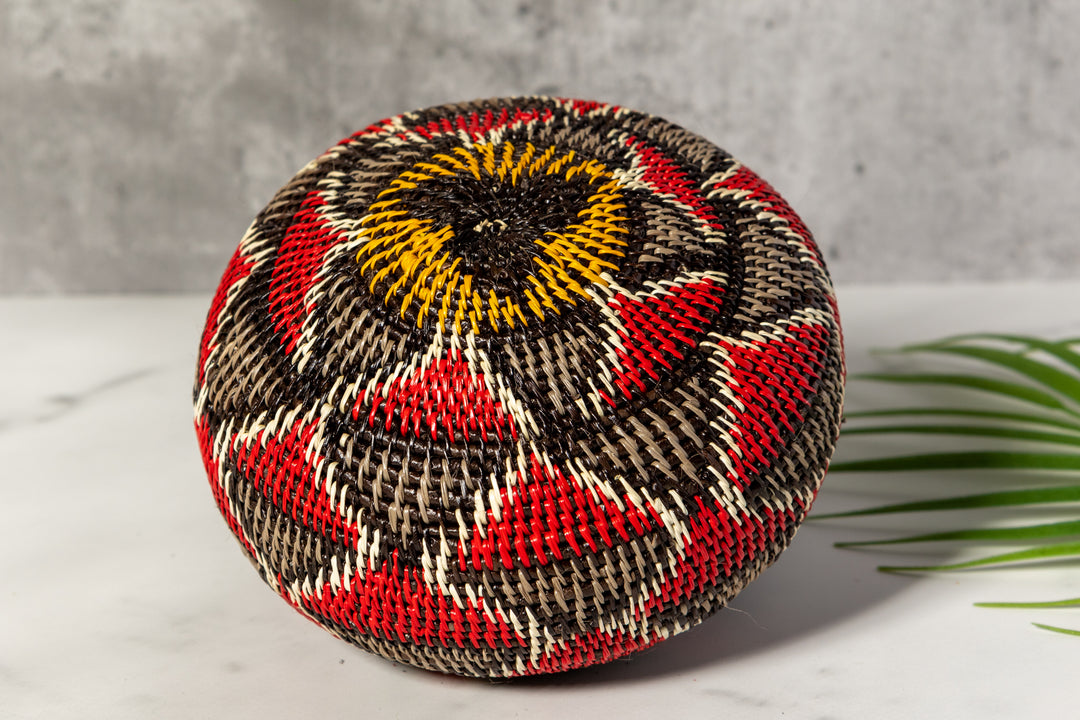 Red And Gray Woven Basket With Top