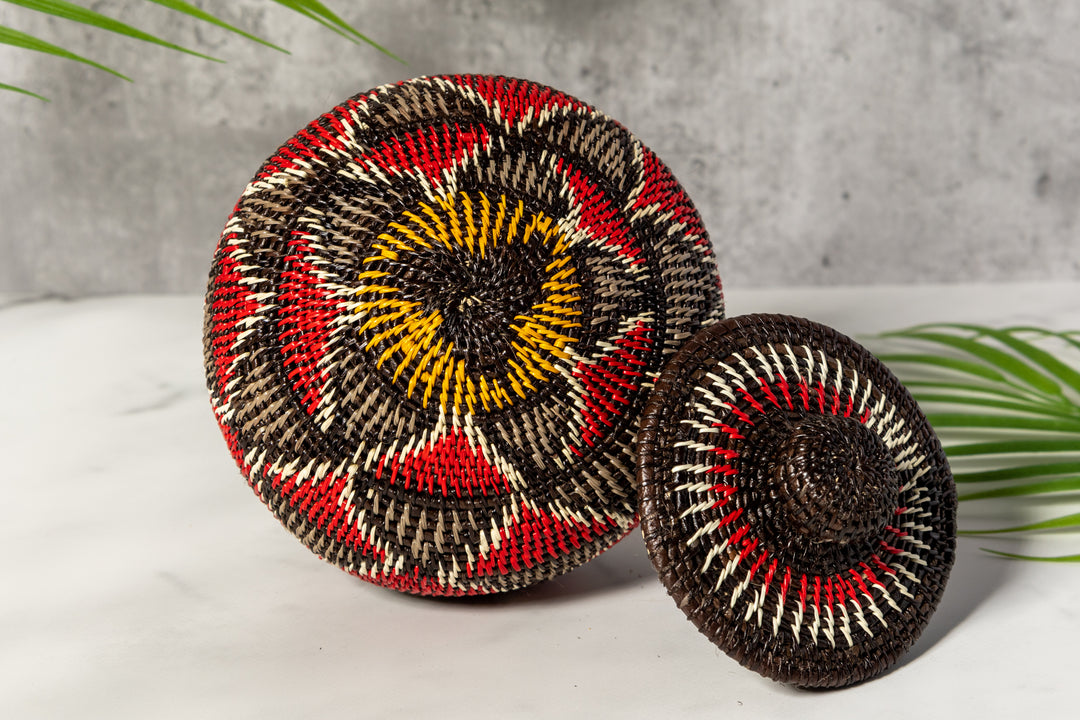 Red And Gray Woven Basket With Top