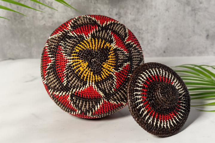 Red And Gray Woven Basket With Top