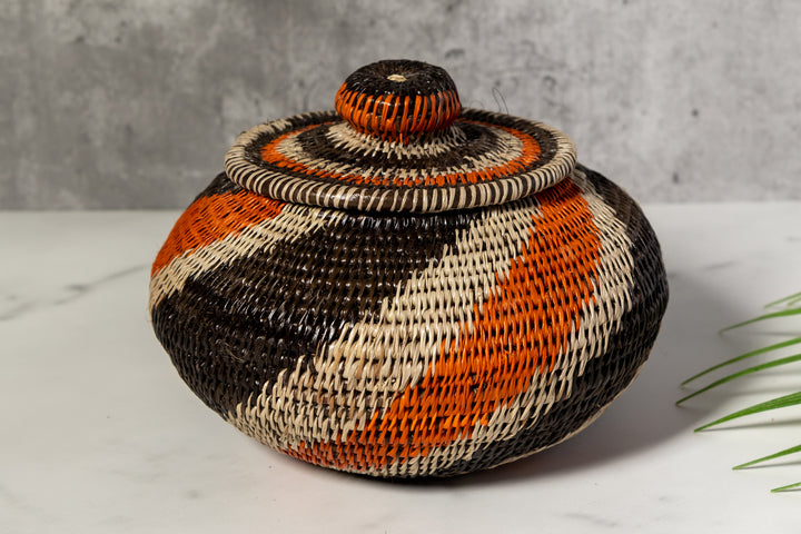Black Orange And Gray Woven Basket With Top