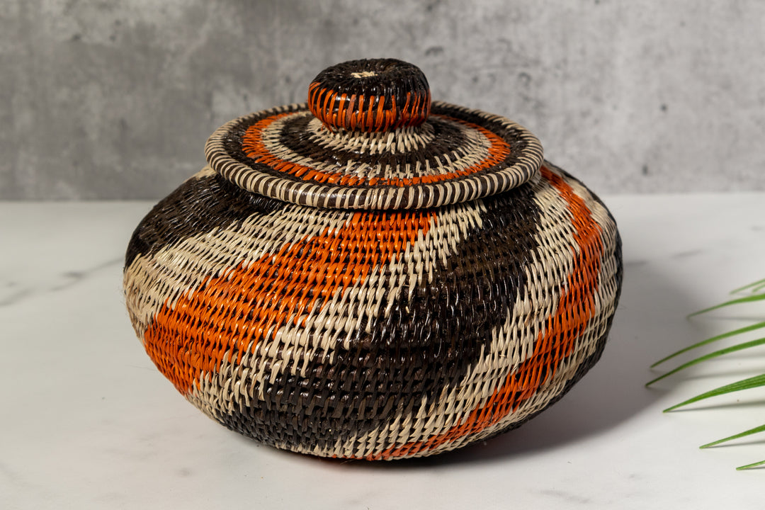 Black Orange And Gray Woven Basket With Top