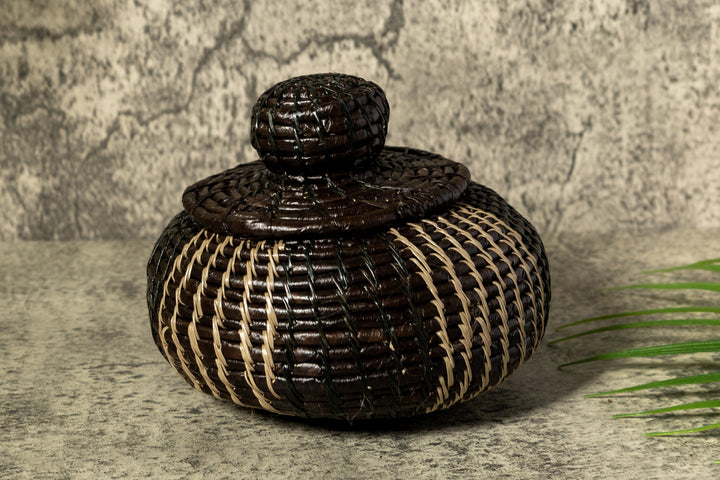 Black And Gray Stripe Woven Basket With Top