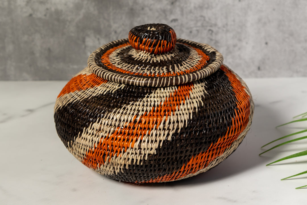 Black Orange And Gray Woven Basket With Top