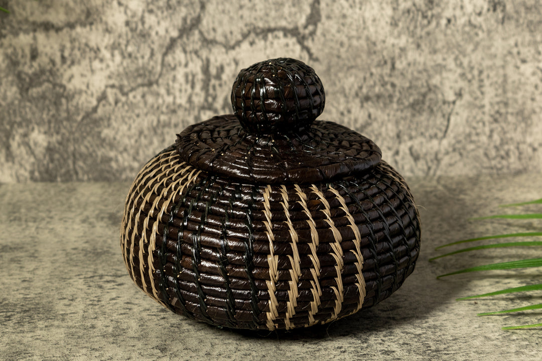 Black And Gray Stripe Woven Basket With Top