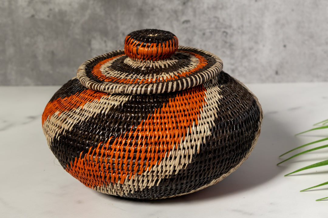 Black Orange And Gray Woven Basket With Top