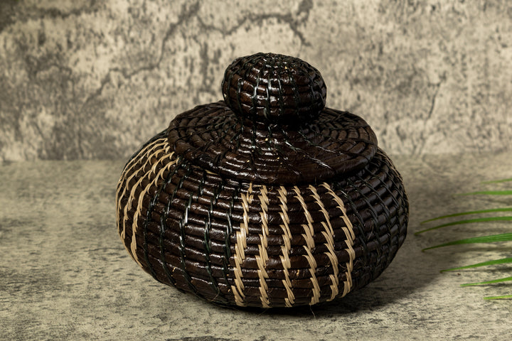 Black And Gray Stripe Woven Basket With Top