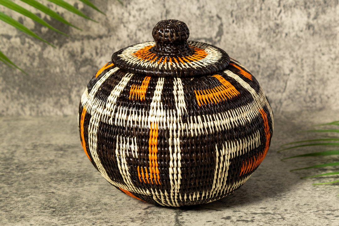 Orange And White Rainforest Flair Woven Basket With Top