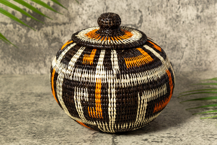 Orange And White Rainforest Flair Woven Basket With Top