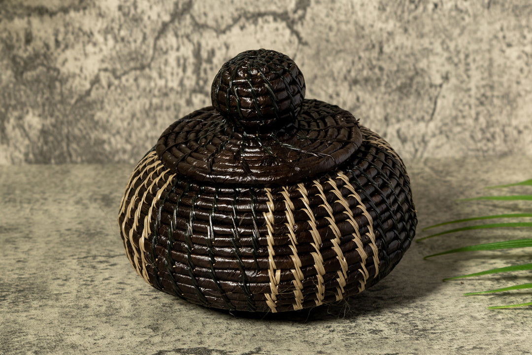 Black And Gray Stripe Woven Basket With Top