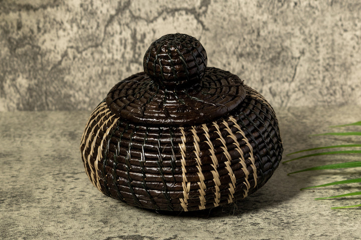 Black And Gray Stripe Woven Basket With Top