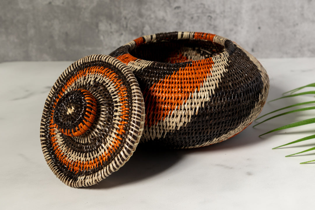 Black Orange And Gray Woven Basket With Top