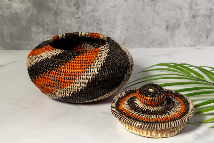 Black Orange And Gray Woven Basket With Top