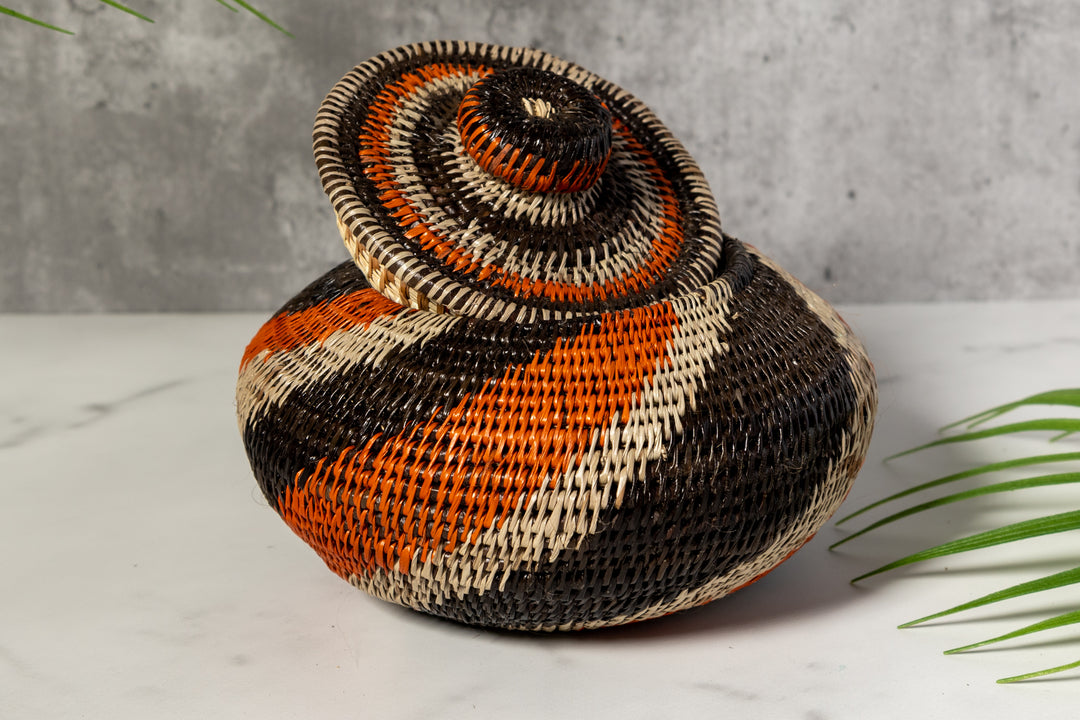 Black Orange And Gray Woven Basket With Top