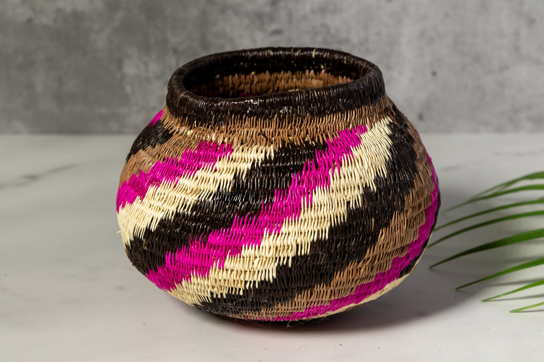 Pink Black And White Spiral Woven Basket