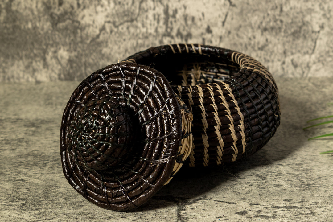 Black And Gray Stripe Woven Basket With Top