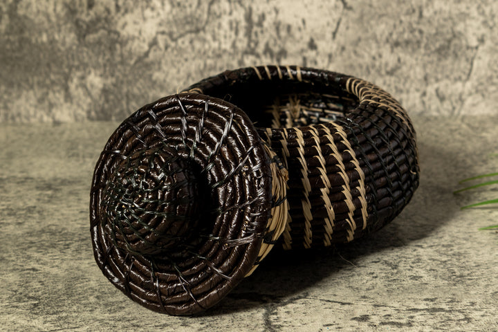 Black And Gray Stripe Woven Basket With Top