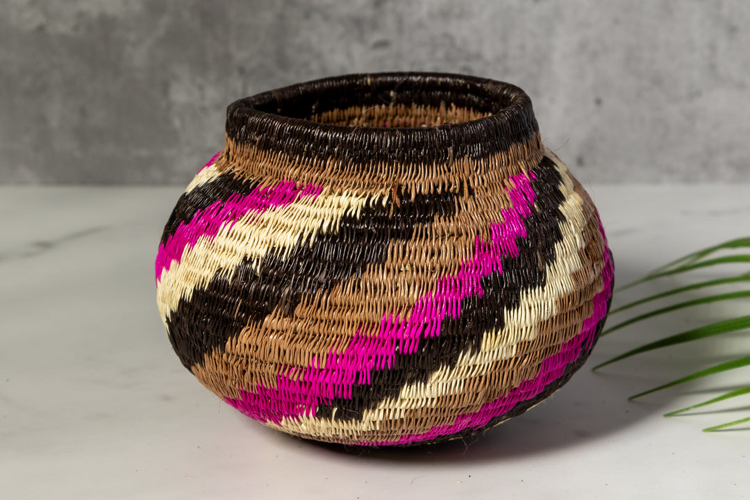 Pink Black And White Spiral Woven Basket