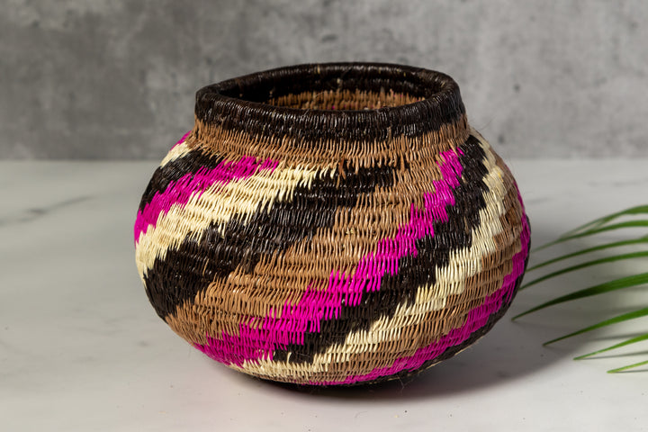 Pink Black And White Spiral Woven Basket