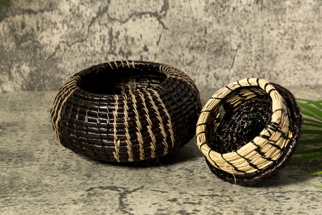 Black And Gray Stripe Woven Basket With Top