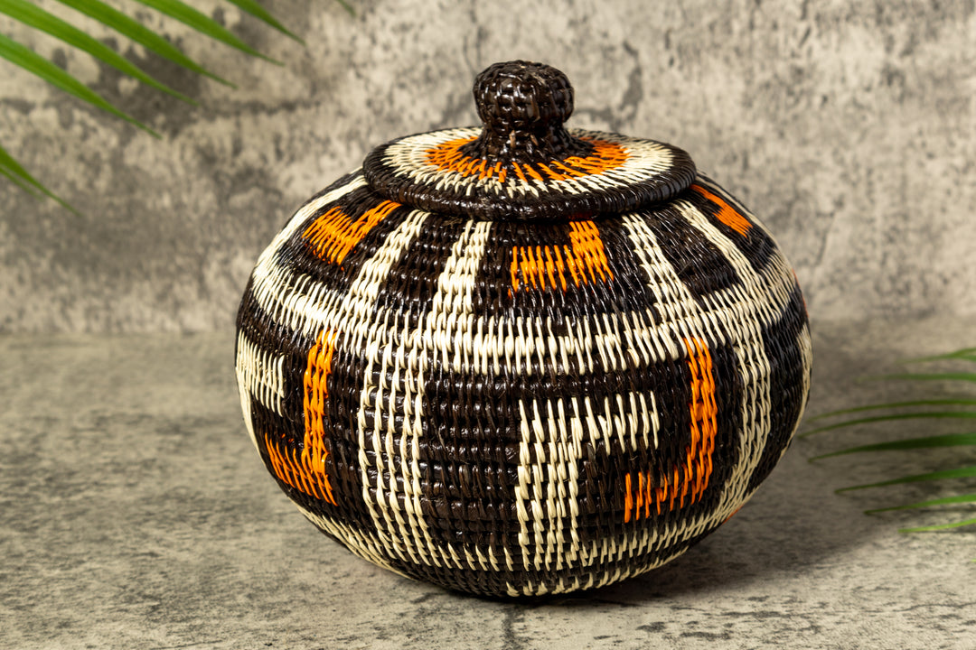 Orange And White Rainforest Flair Woven Basket With Top
