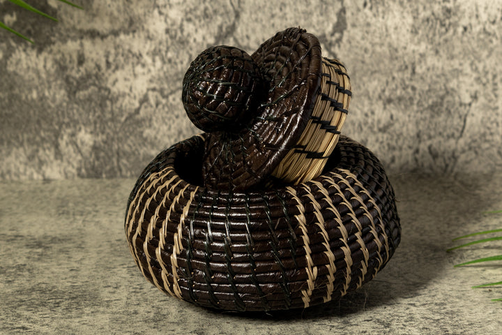 Black And Gray Stripe Woven Basket With Top