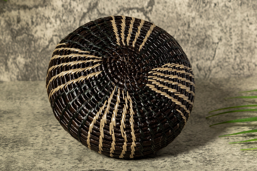 Black And Gray Stripe Woven Basket With Top