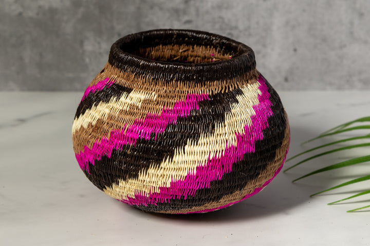 Pink Black And White Spiral Woven Basket