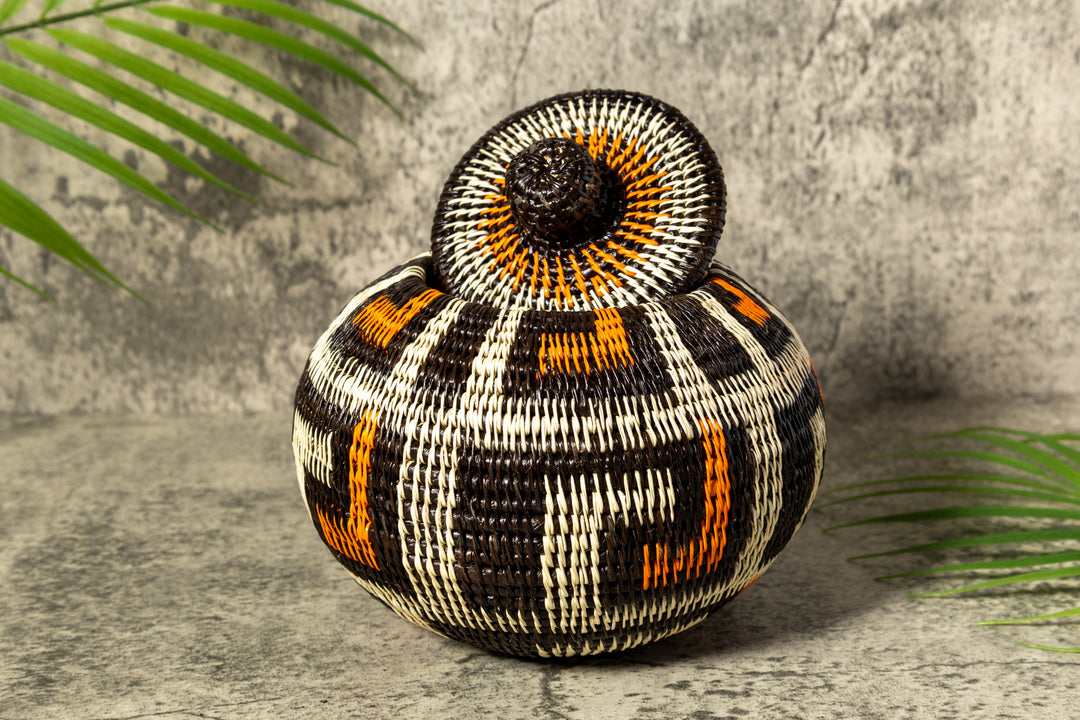 Orange And White Rainforest Flair Woven Basket With Top
