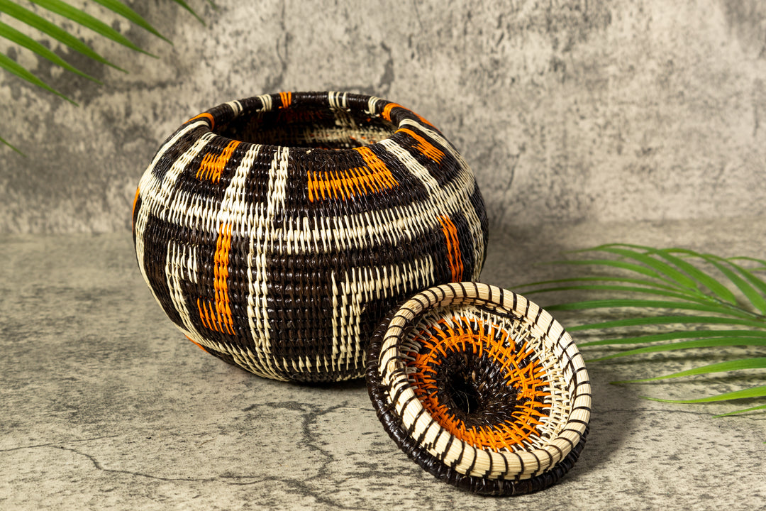 Orange And White Rainforest Flair Woven Basket With Top