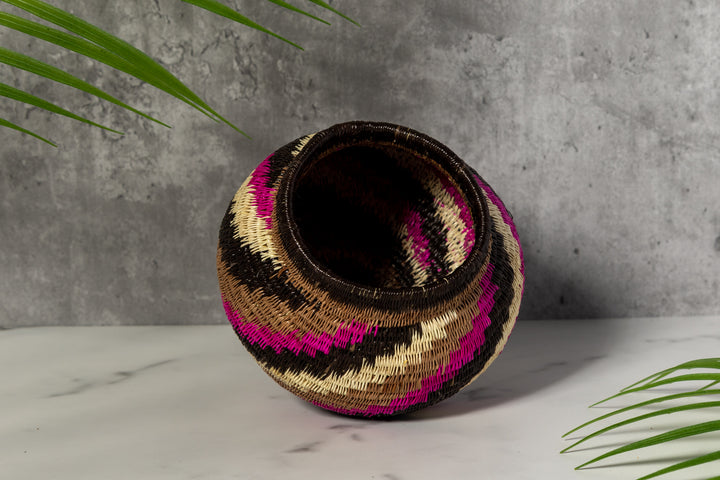 Pink Black And White Spiral Woven Basket