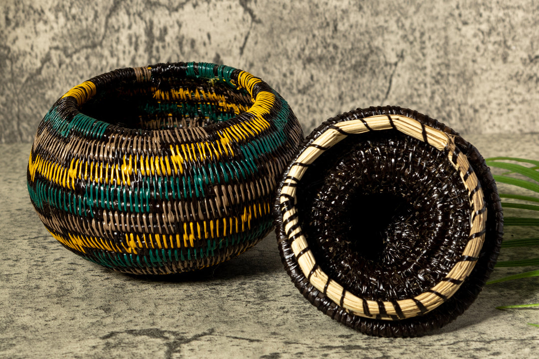 Green Gold And Gray Swirl Woven Basket With Top