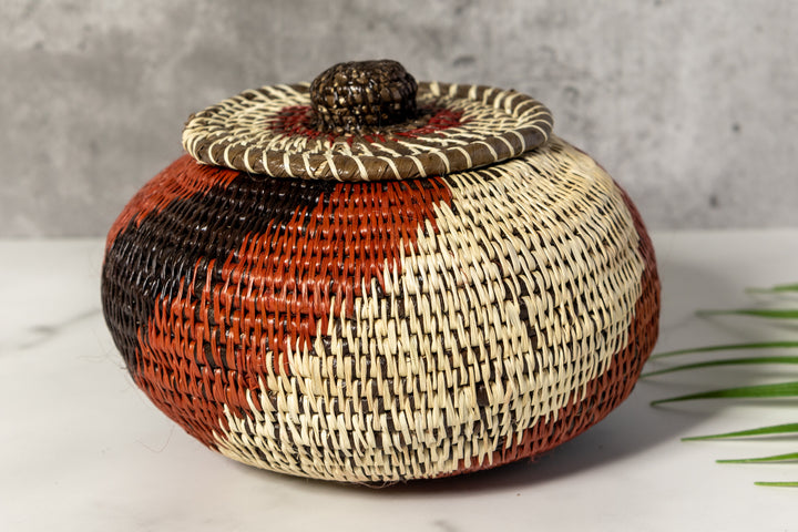 Brown White And Black Woven Basket With Top