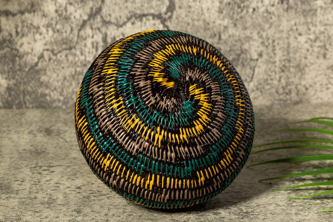Green Gold And Gray Swirl Woven Basket With Top