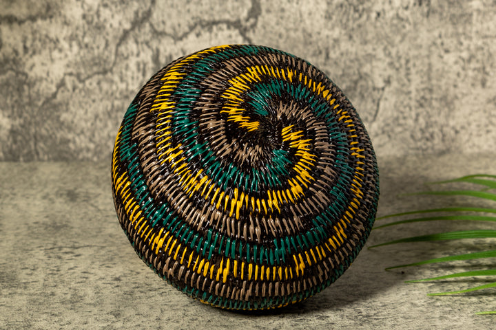 Green Gold And Gray Swirl Woven Basket With Top