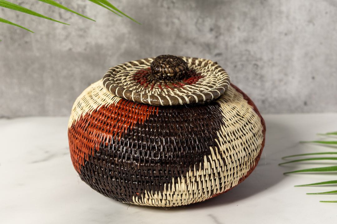 Brown White And Black Woven Basket With Top