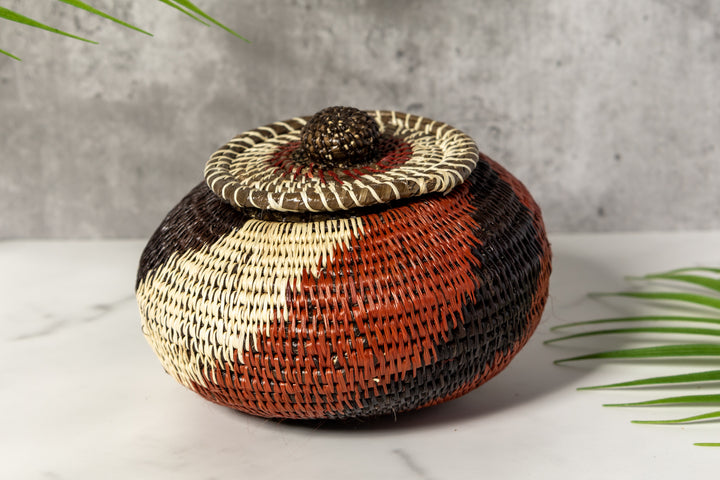 Brown White And Black Woven Basket With Top