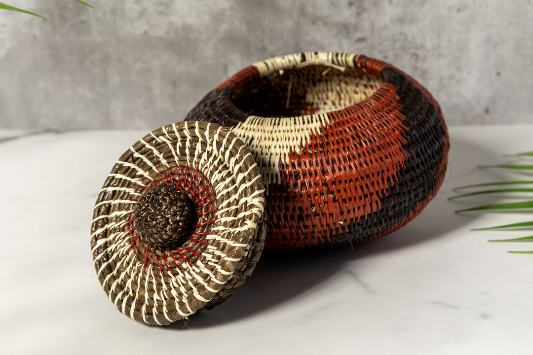 Brown White And Black Woven Basket With Top