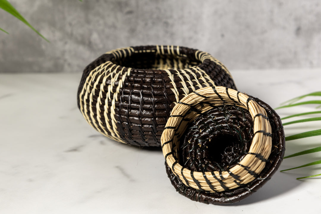 Black And White Woven Basket With Top