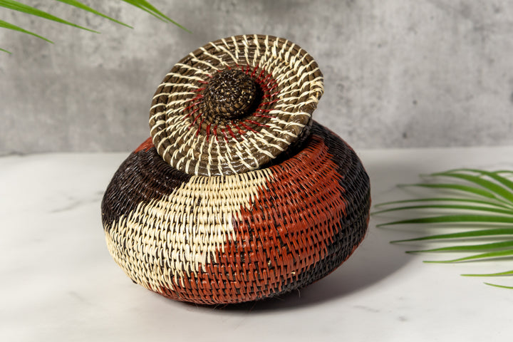 Brown White And Black Woven Basket With Top