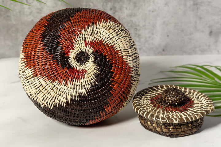 Brown White And Black Woven Basket With Top