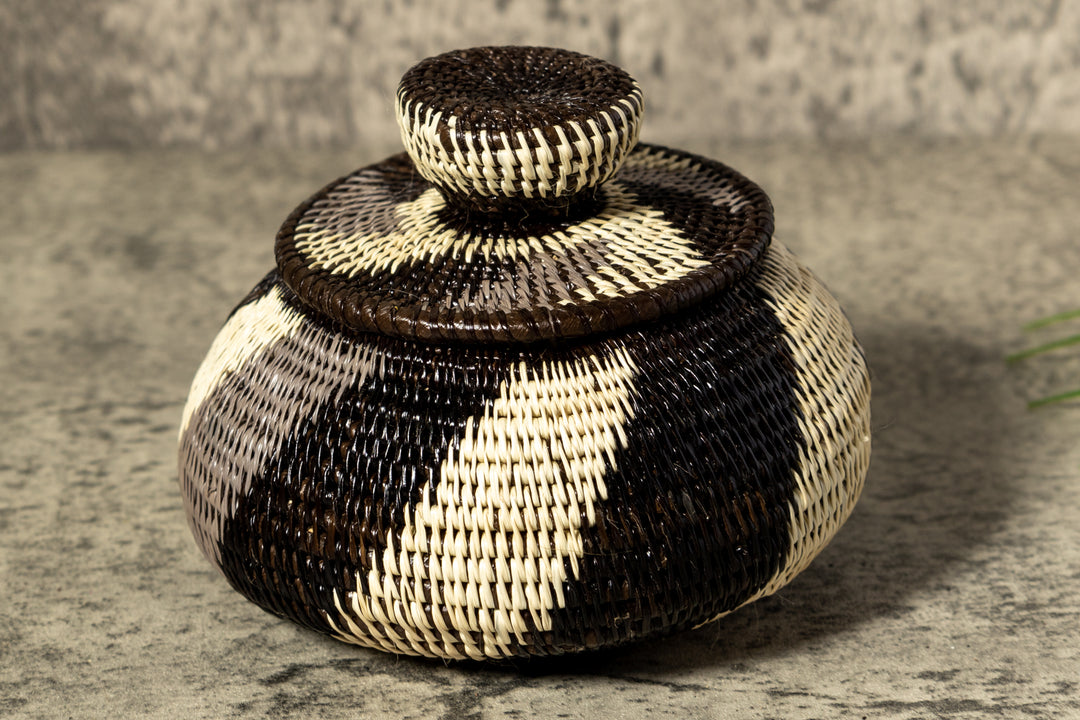 Black White And Gray Woven Basket With Top