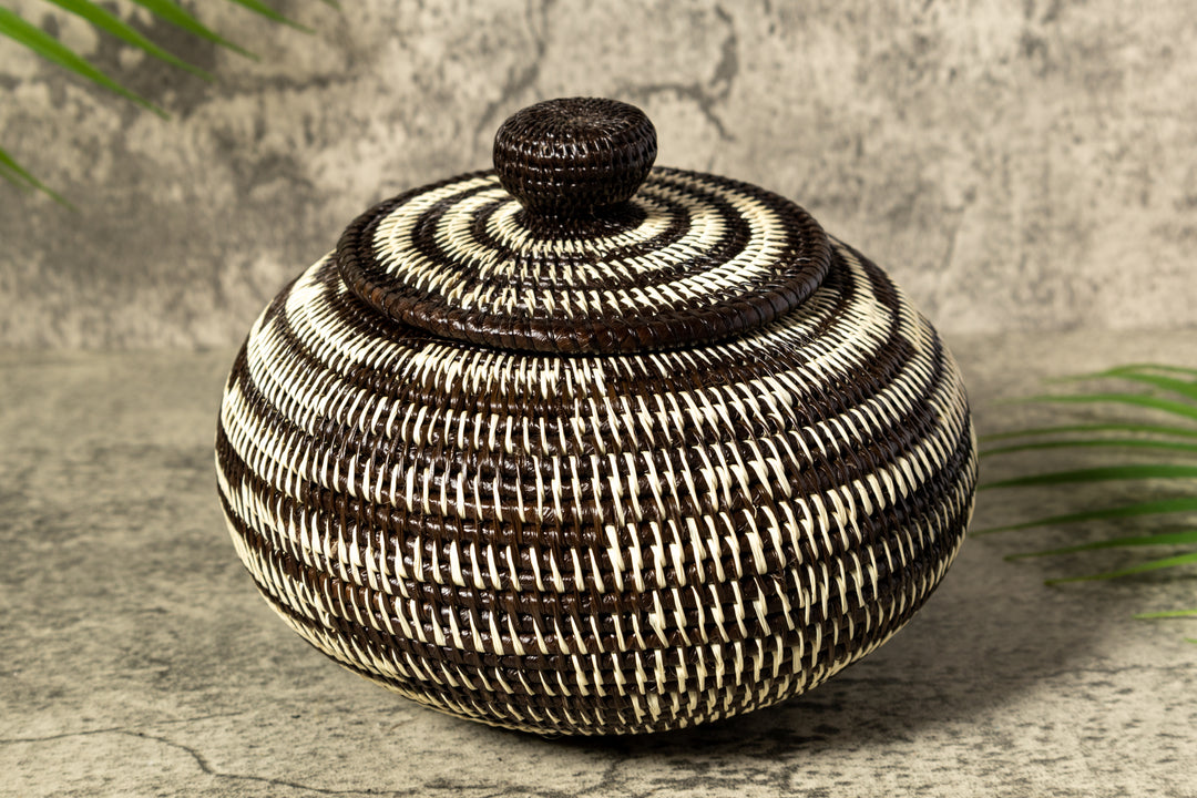 Black And White Tropical Enigma Woven Basket With Top