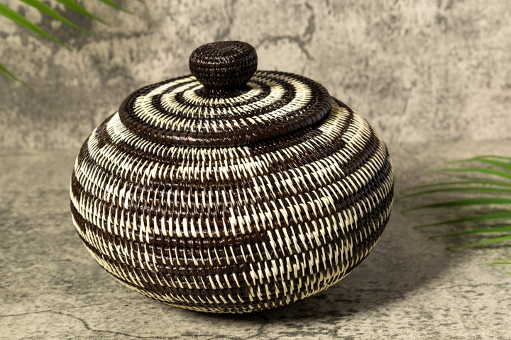 Black And White Tropical Enigma Woven Basket With Top