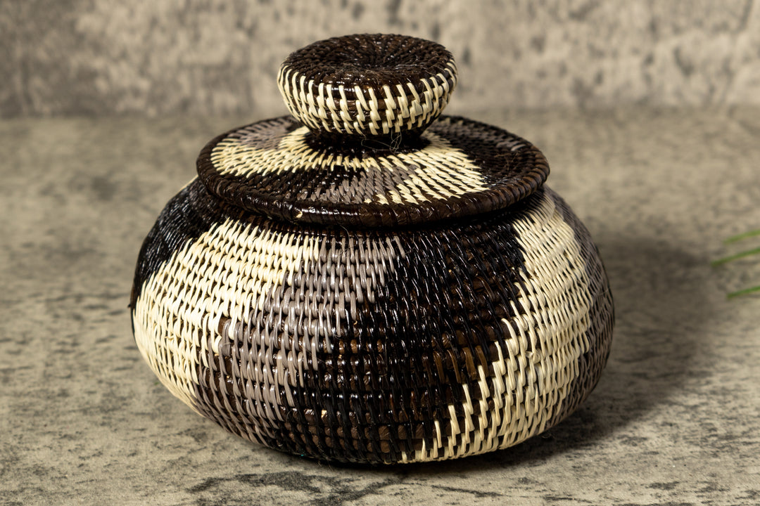 Black White And Gray Woven Basket With Top