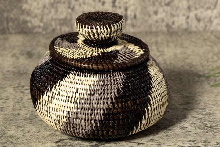 Black White And Gray Woven Basket With Top