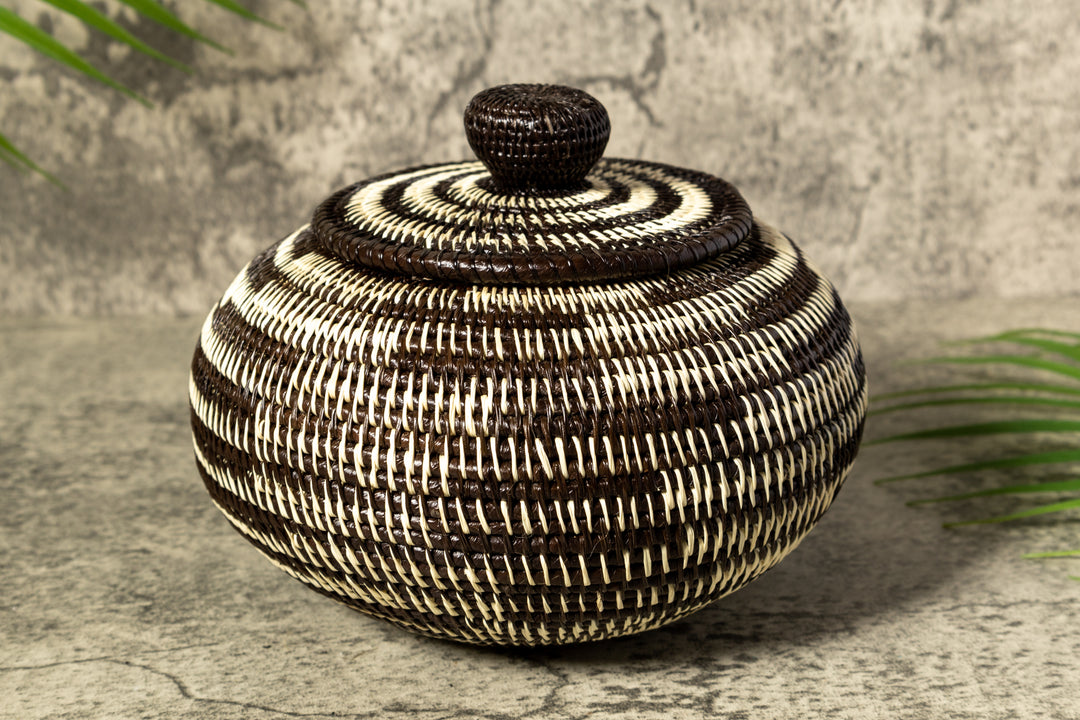 Black And White Tropical Enigma Woven Basket With Top