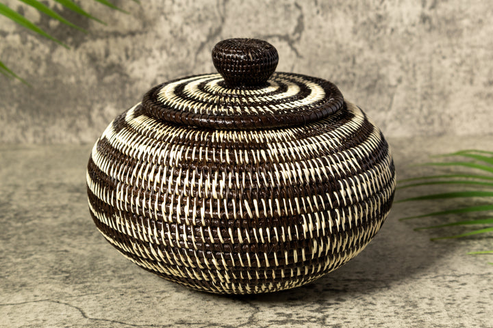 Black And White Tropical Enigma Woven Basket With Top